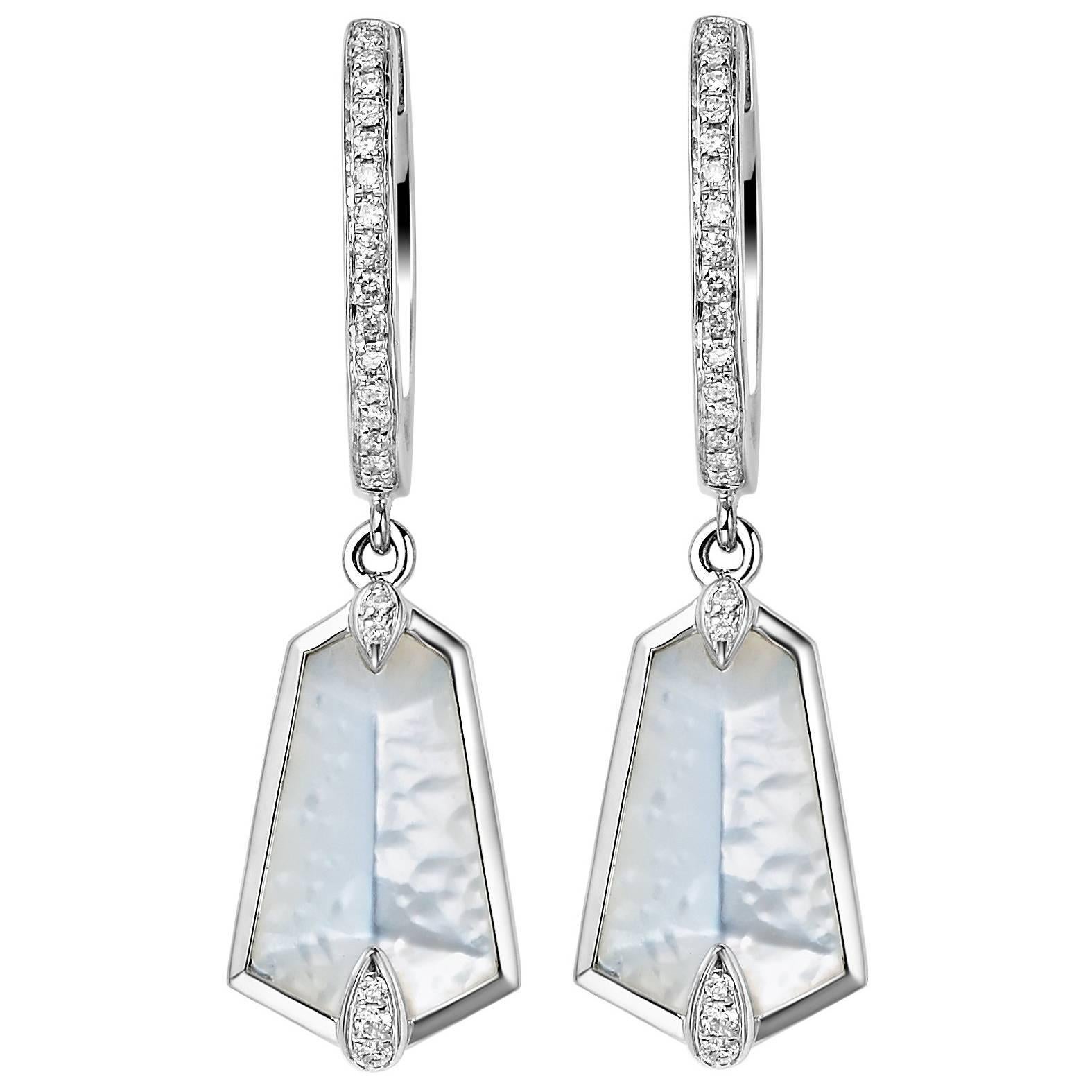 Fei Liu Mother of Pearl Diamond 18 Karat White Gold Hoop Kite Drop Earrings