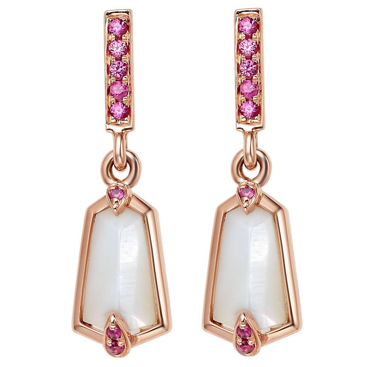 Fei Liu Mother of Pearl Pink Sapphire Rose Gold Stud Earrings