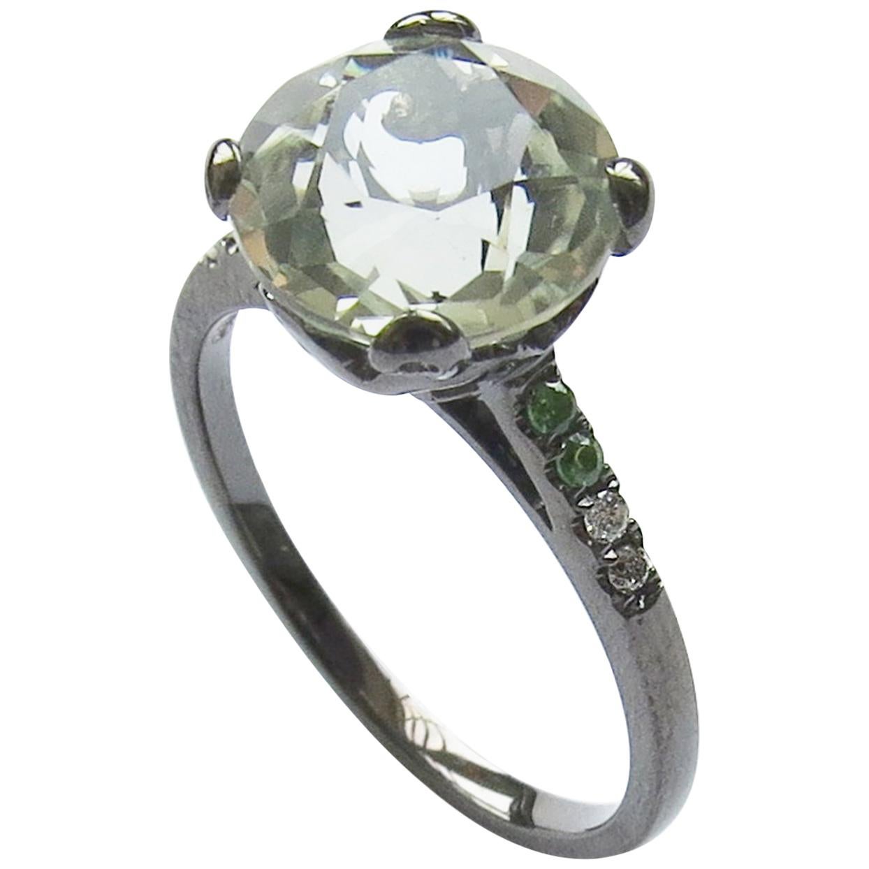 Fei Liu Green Amethyst Diamond Green Garnet 18 Karat Black Gold Fashion Ring