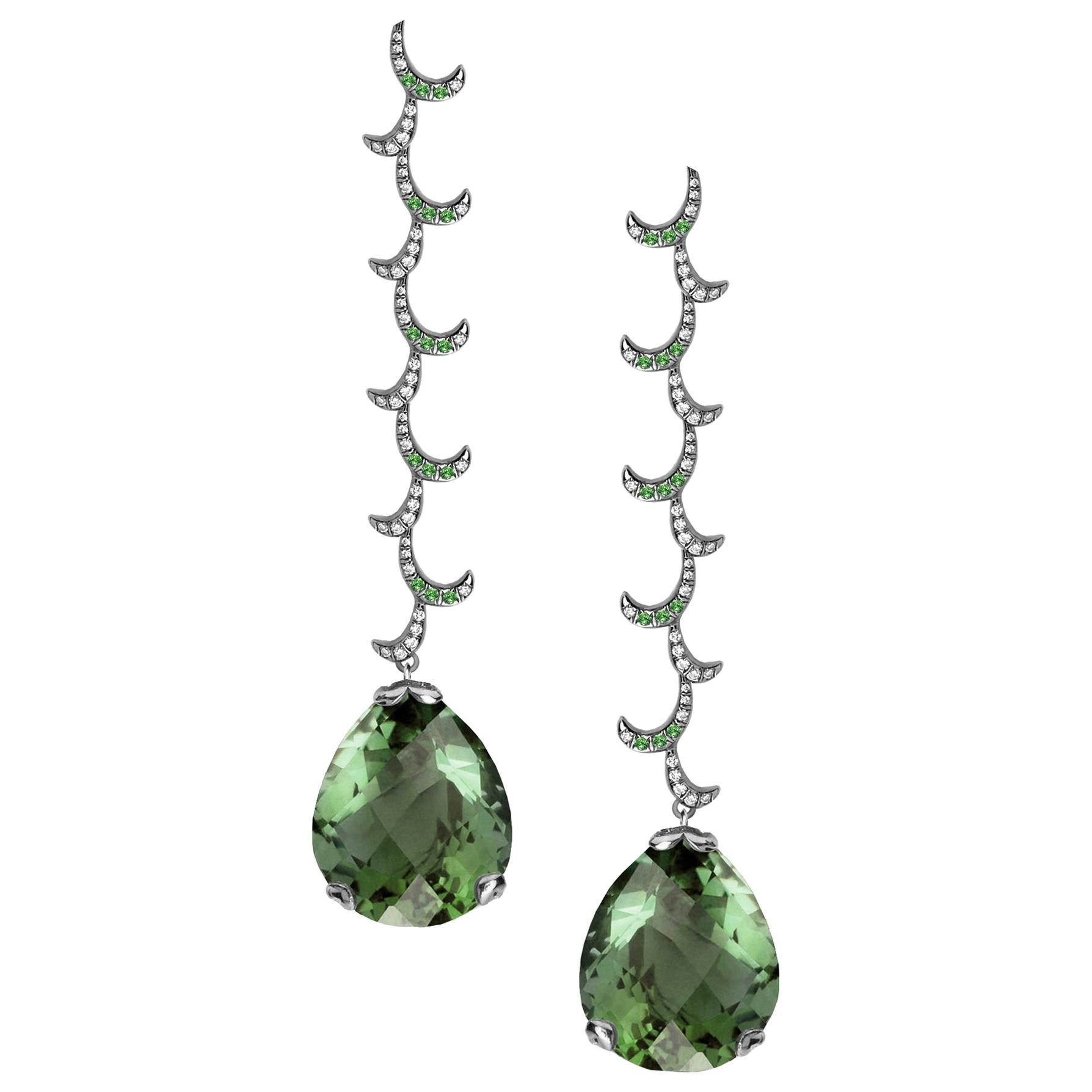 Fei Liu Green Amethyst Diamond 18 Karat Black Gold Drop Earrings