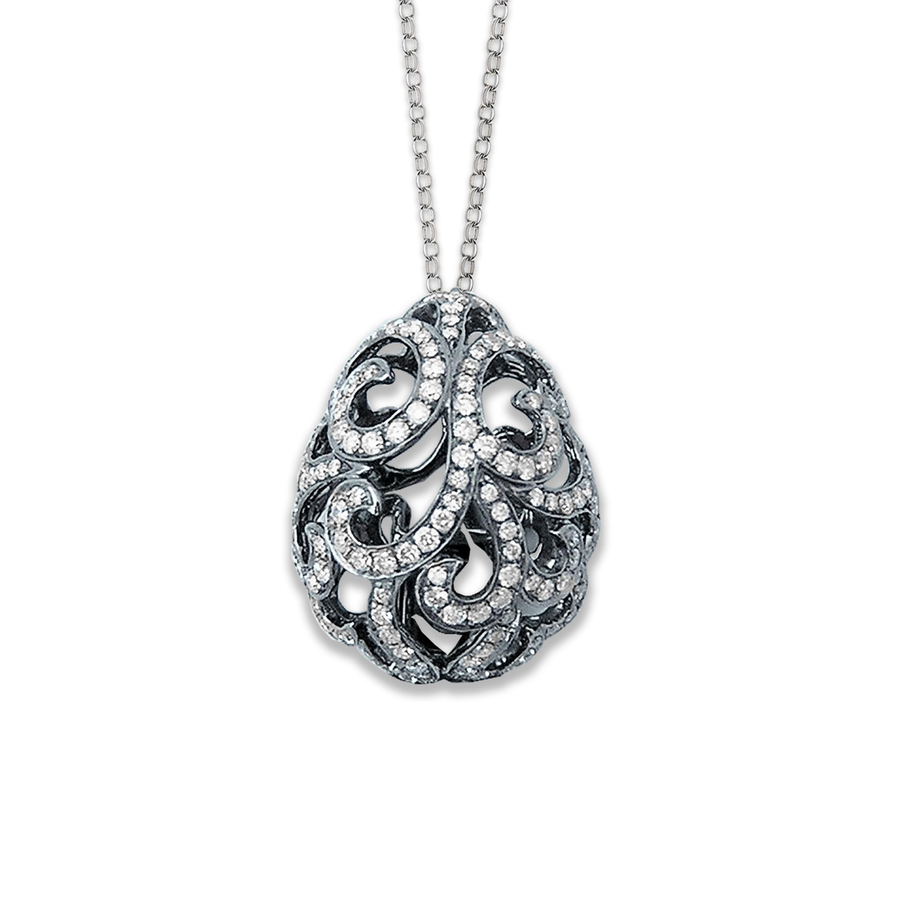 Description:
Emulating femininity and glamour, the Whispering collection is full of colour and form. Inspired by the twisting, sculptural shape of the exotic Orchid flower. Whispering large filigree egg pendant with 0.65ct white diamonds set in