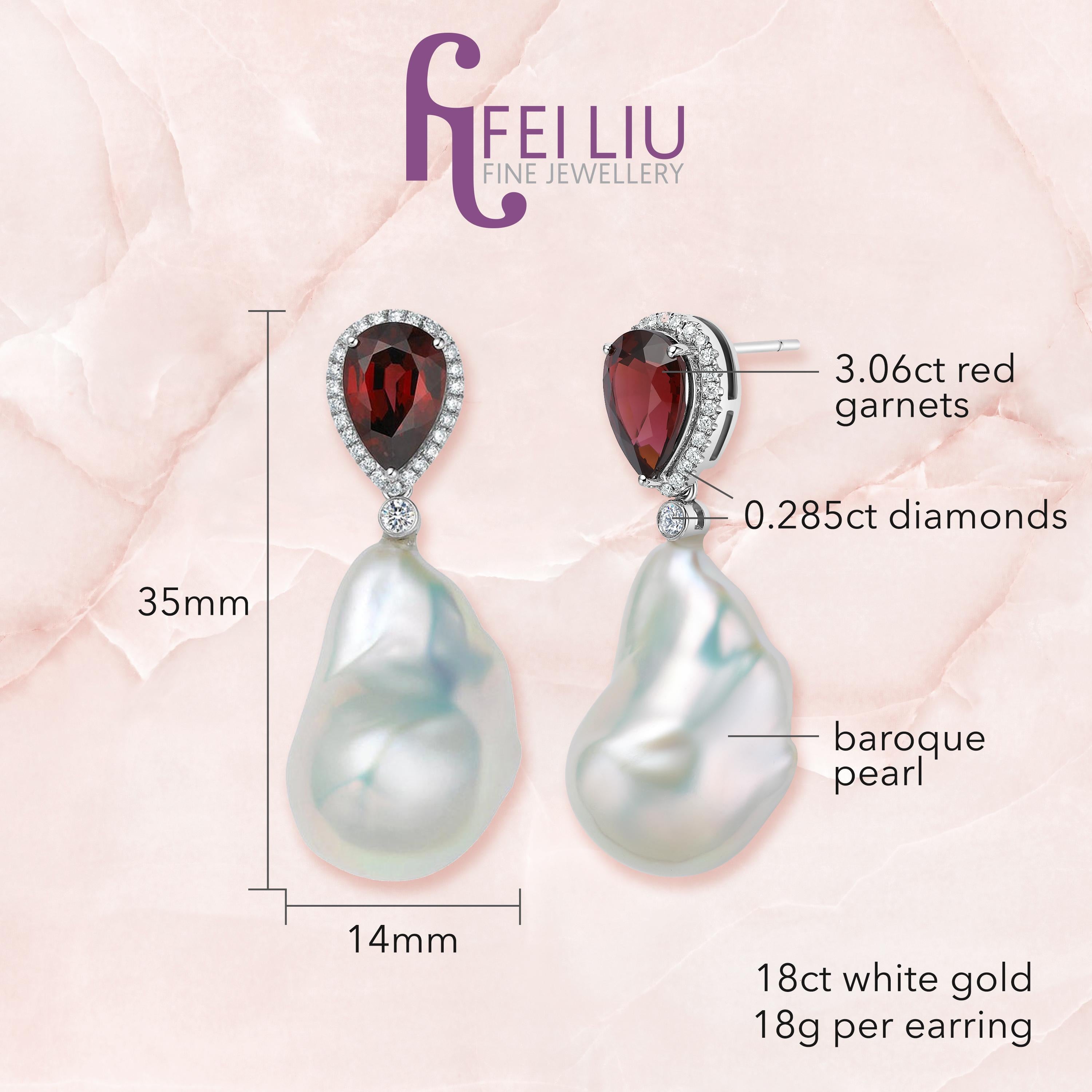 Fei Liu Garnet Diamond Baroque Pearl White Gold Two-Piece Stud Drop Earrings 1
