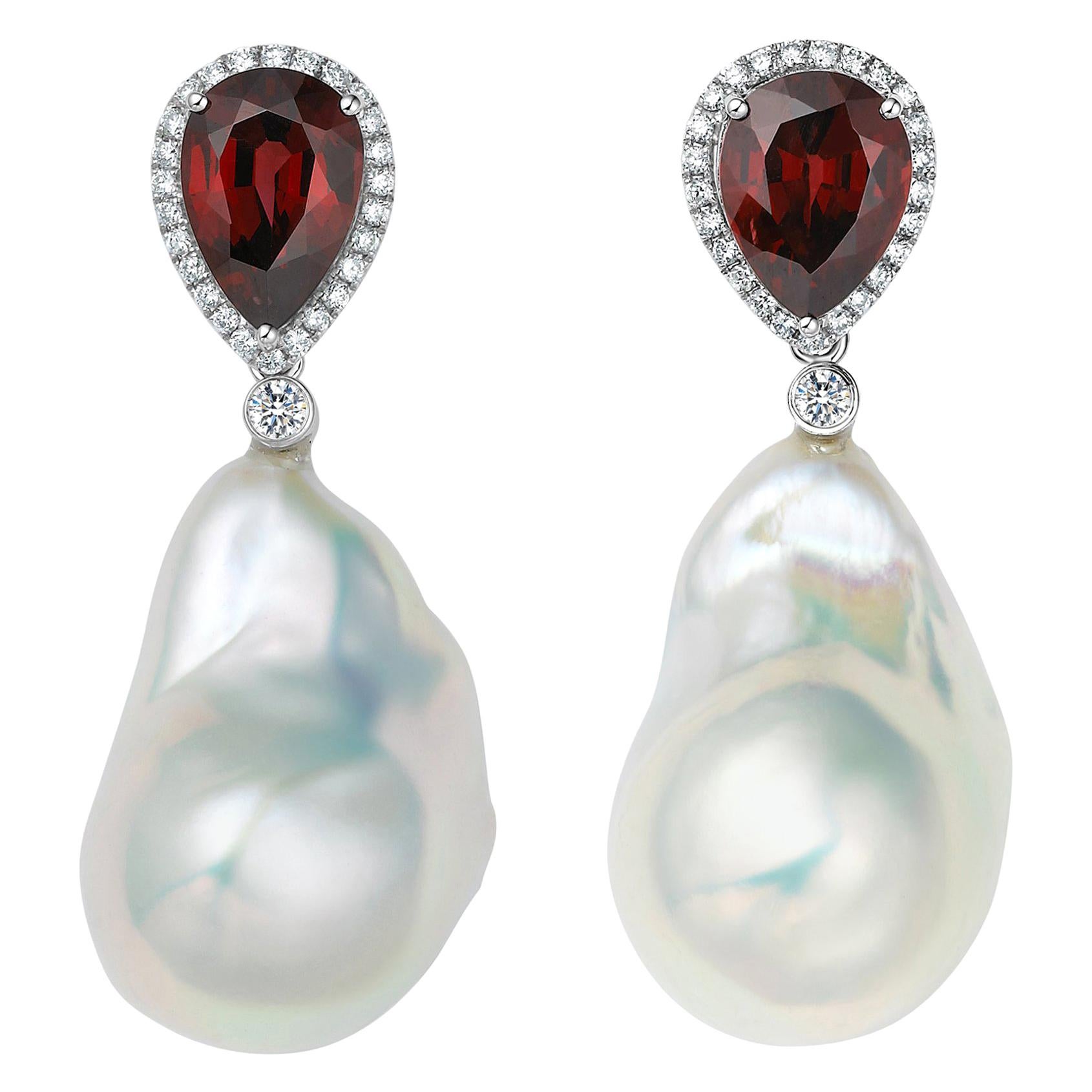 Fei Liu Garnet Diamond Baroque Pearl White Gold Two-Piece Stud Drop Earrings
