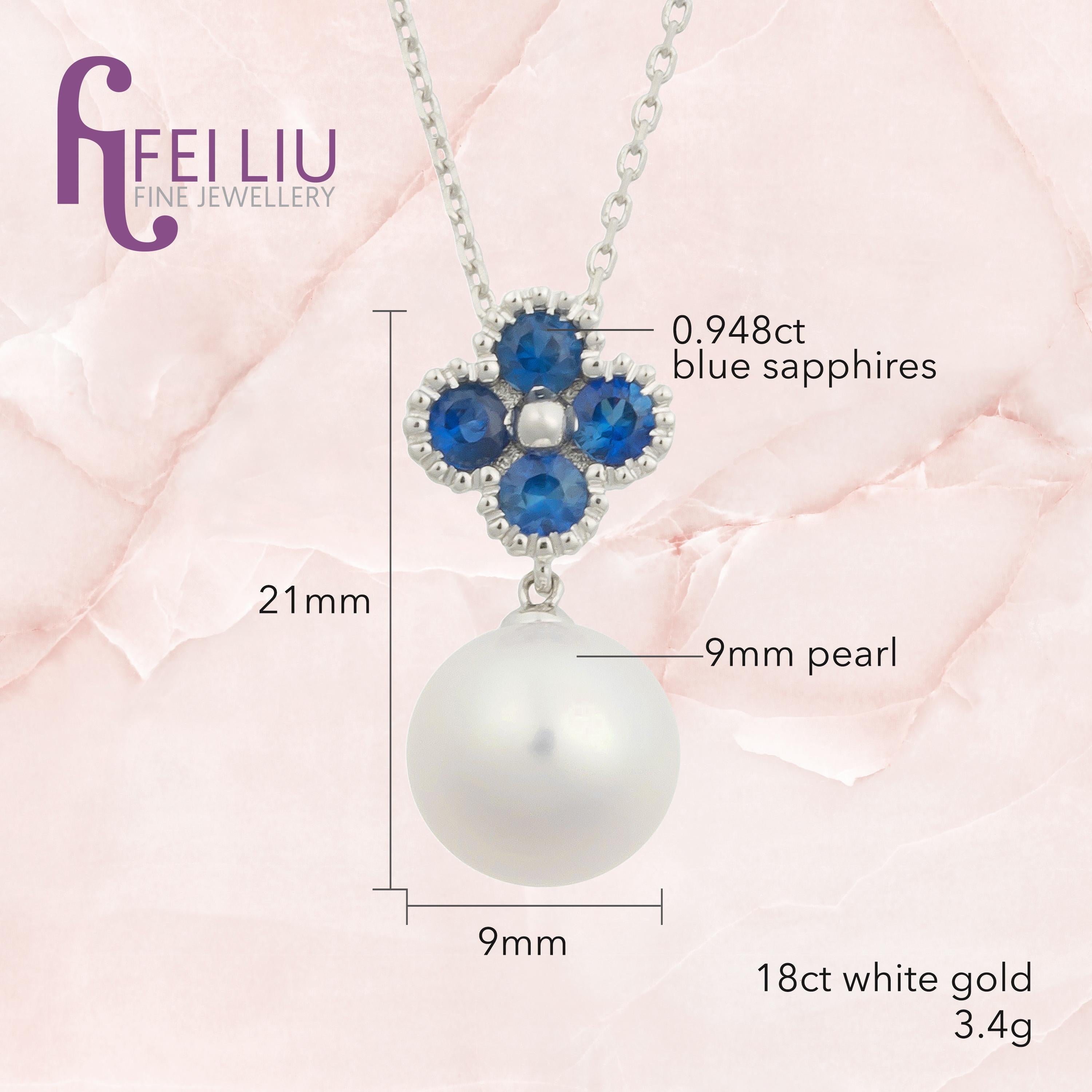 Contemporary Fei Liu Blue Sapphire Pearl White Gold Necklace Earring Set
