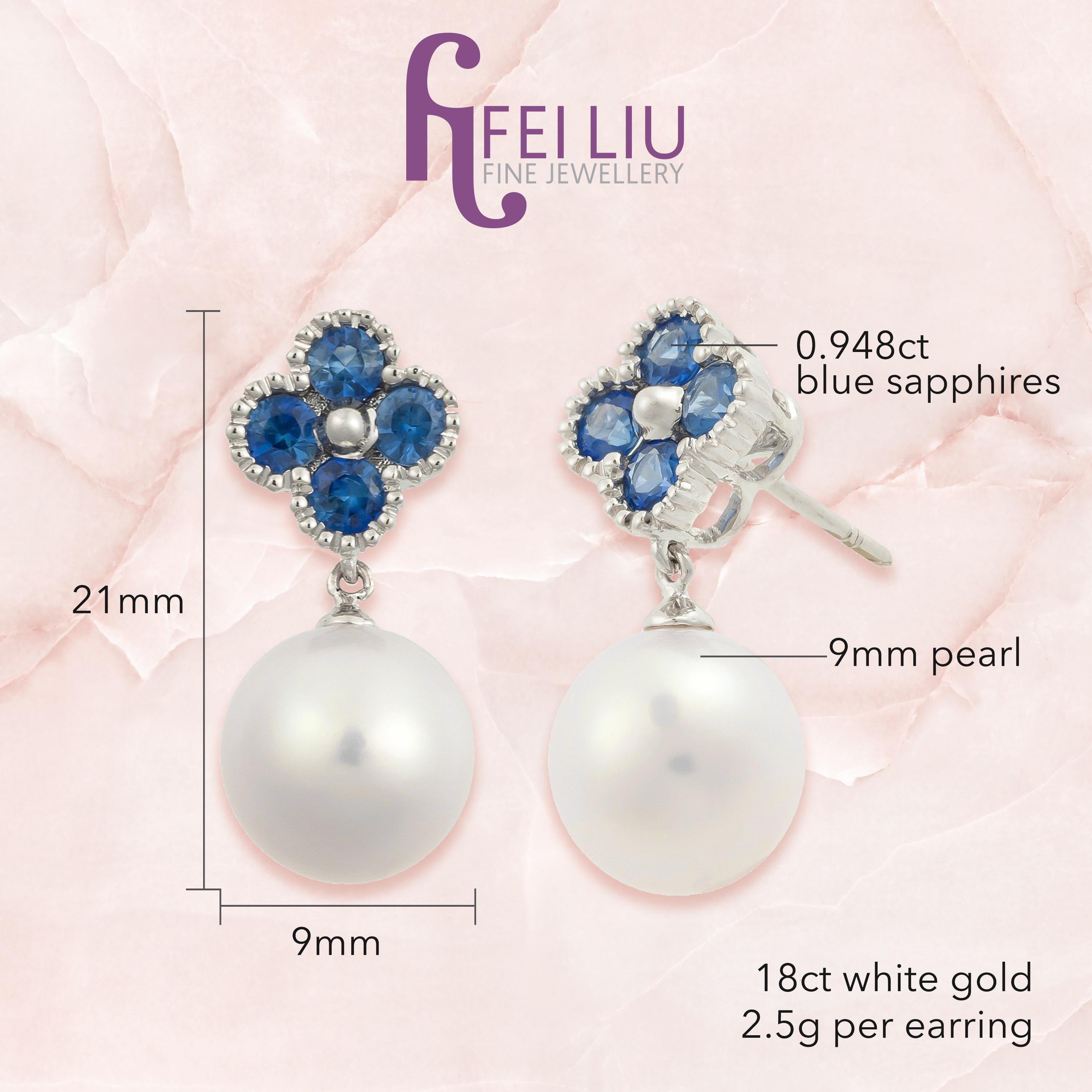Description:
Exclusive Clover earrings with 0.948ct blue sapphires and approximately 9mm freshwater pearl, set in 18ct white gold.

Exclusive Clover necklace with 0.5ct blue sapphires and approximately 9mm freshwater pearl, set in 18ct white gold.