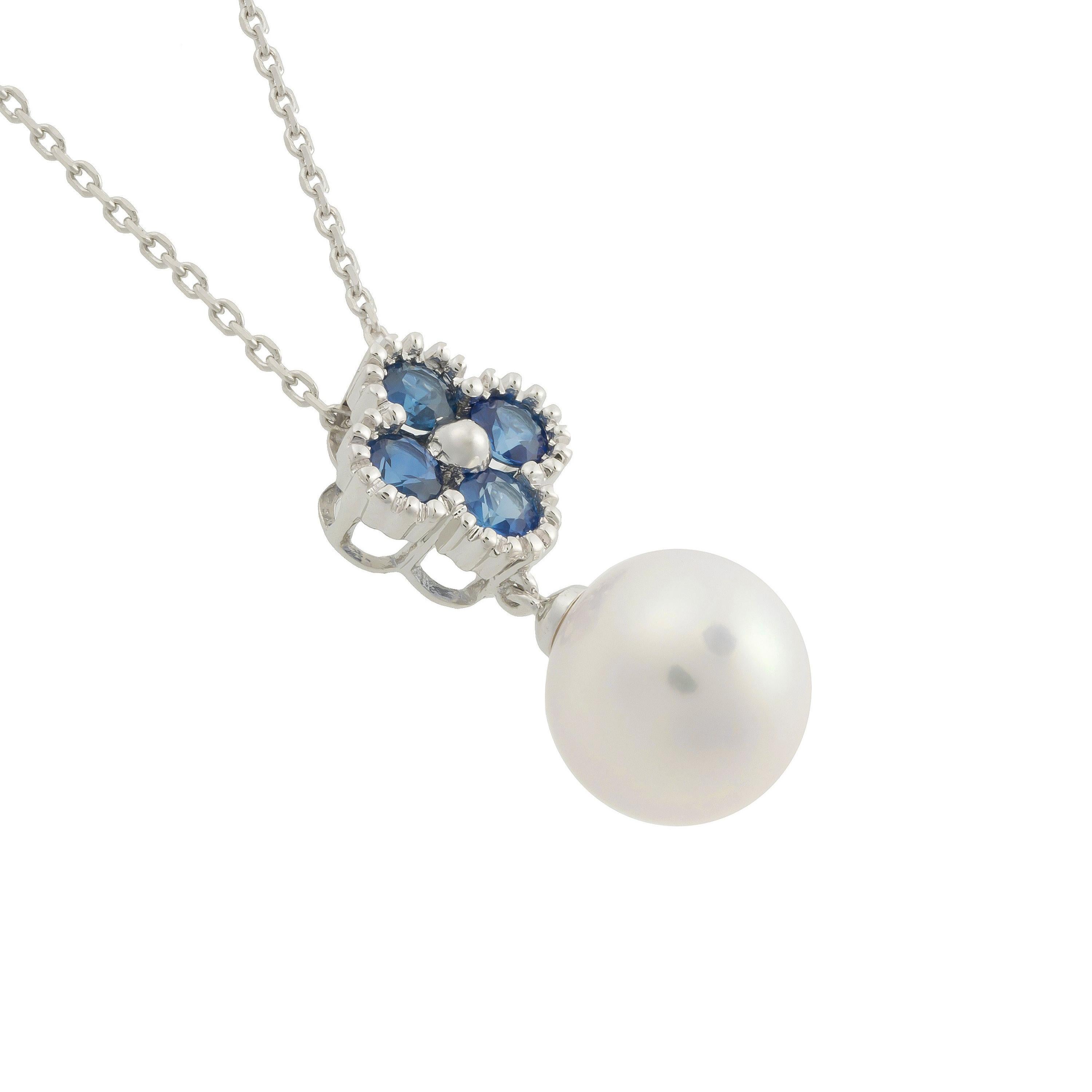 Round Cut Fei Liu Blue Sapphire Pearl White Gold Necklace Earring Set