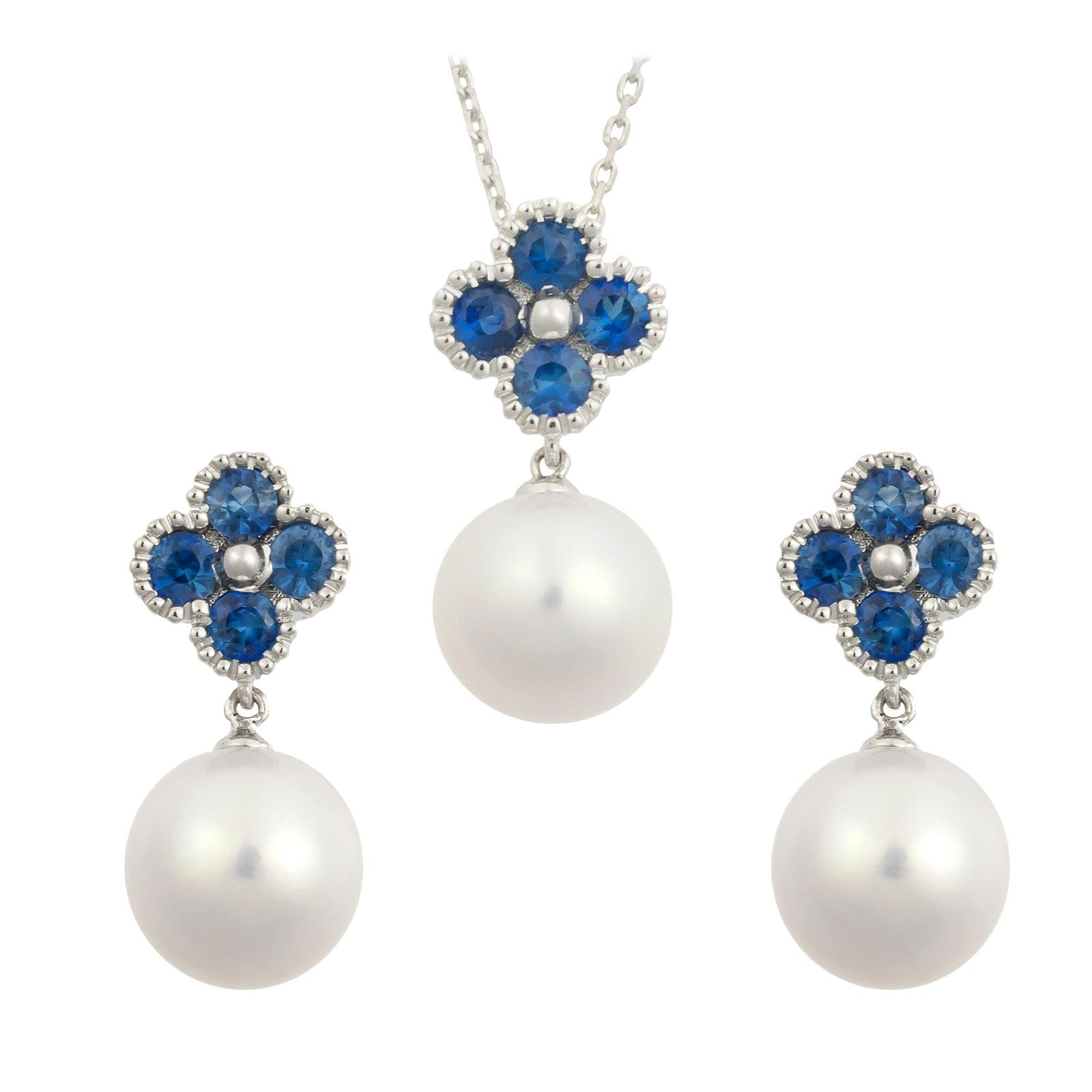 Fei Liu Blue Sapphire Pearl White Gold Necklace Earring Set