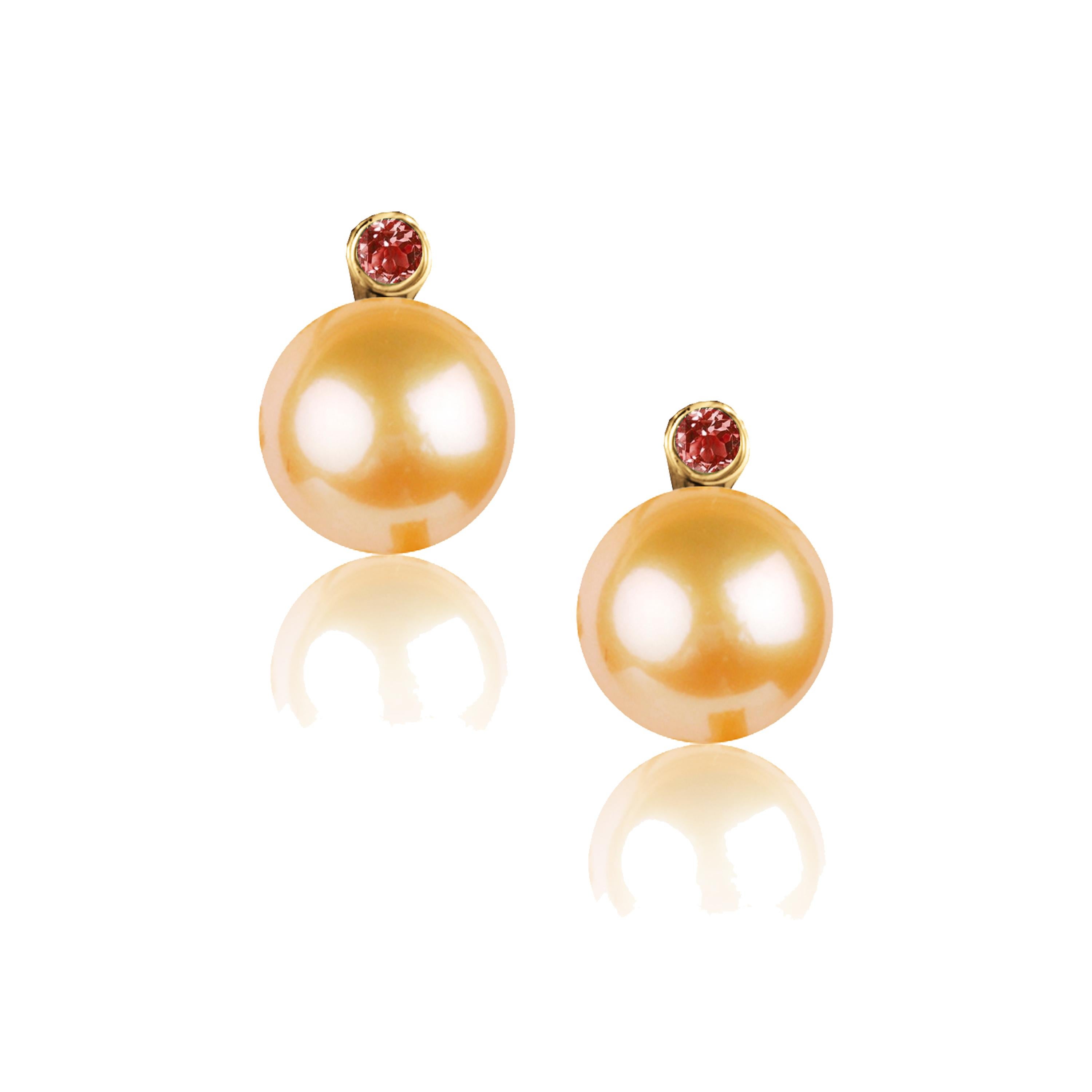 Contemporary Fei Liu 18 Karat Yellow Gold Pearl Stud Earrings with Red Garnet