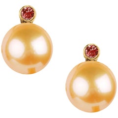 Fei Liu 18 Karat Yellow Gold Pearl Stud Earrings with Red Garnet