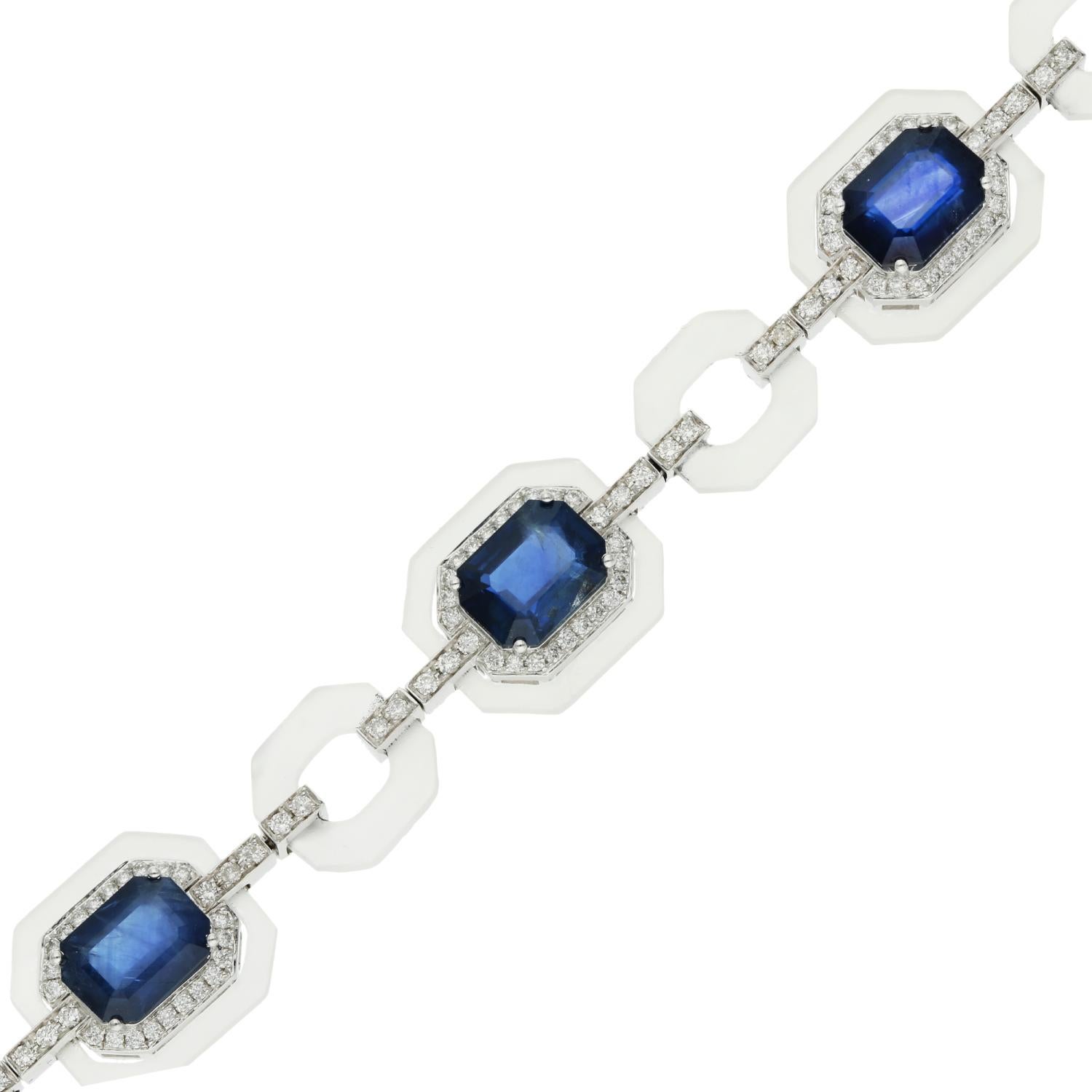Octagon Cut Fei Liu 18ct White Gold 10.40ct Sapphire, 1.10ct Diamond & Rock Crystal Bracelet For Sale