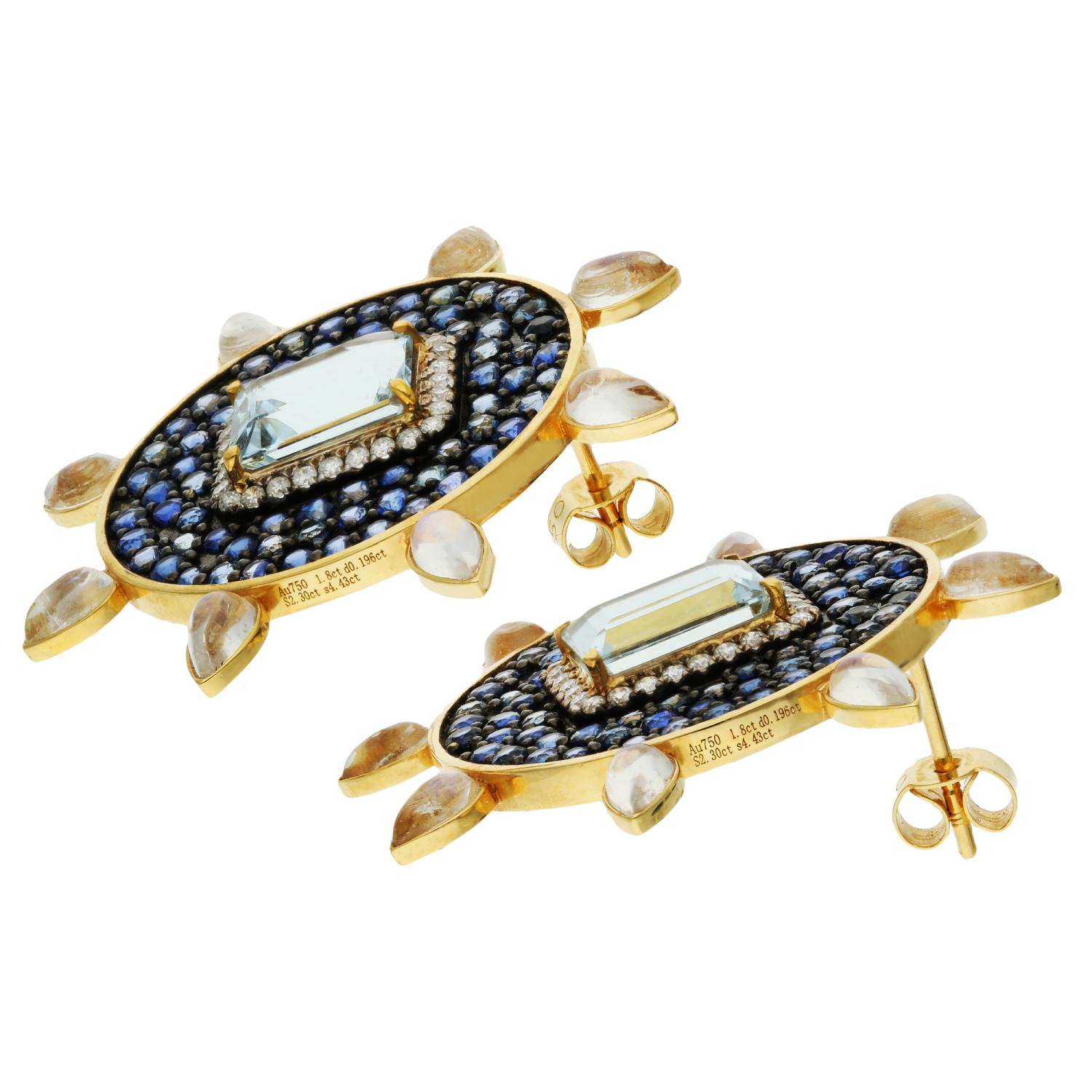 Fei Liu 18ct Yellow Gold Aquamarine, Sapphire & Diamond Earrings For Sale 1