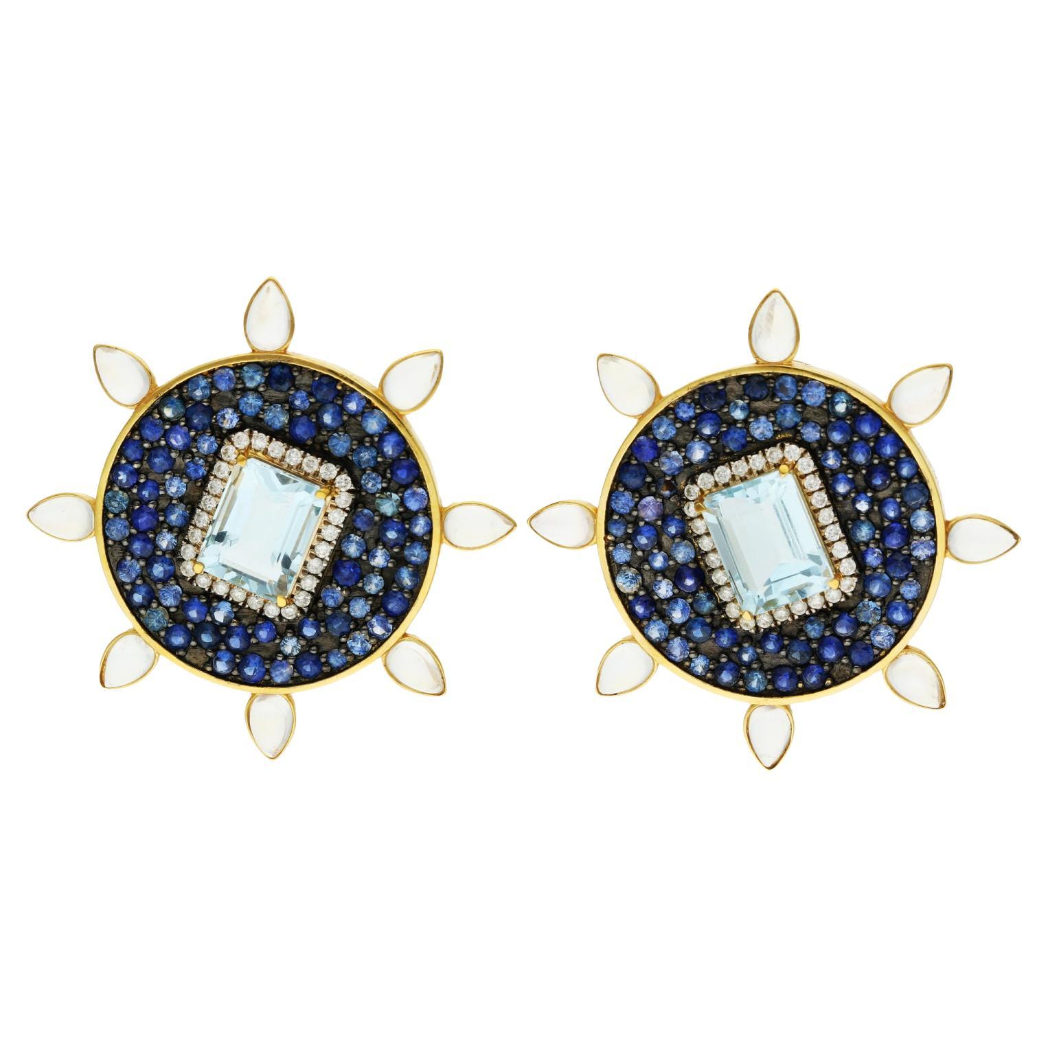 Fei Liu 18ct Yellow Gold Aquamarine, Sapphire & Diamond Earrings For Sale