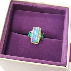 Fei Liu 2.27ct Opal, Diamond and Emerald 14 Karat Gold Trilogy Ring
