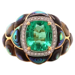 Fei Liu 3.255ct Emerald, Mother of Pearl and Diamond 18 Karat Cocktail Ring