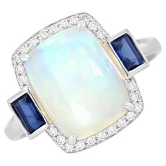 Fei Liu 3.68ct Opal, Diamond and Sapphire Platinum Three Stone Ring