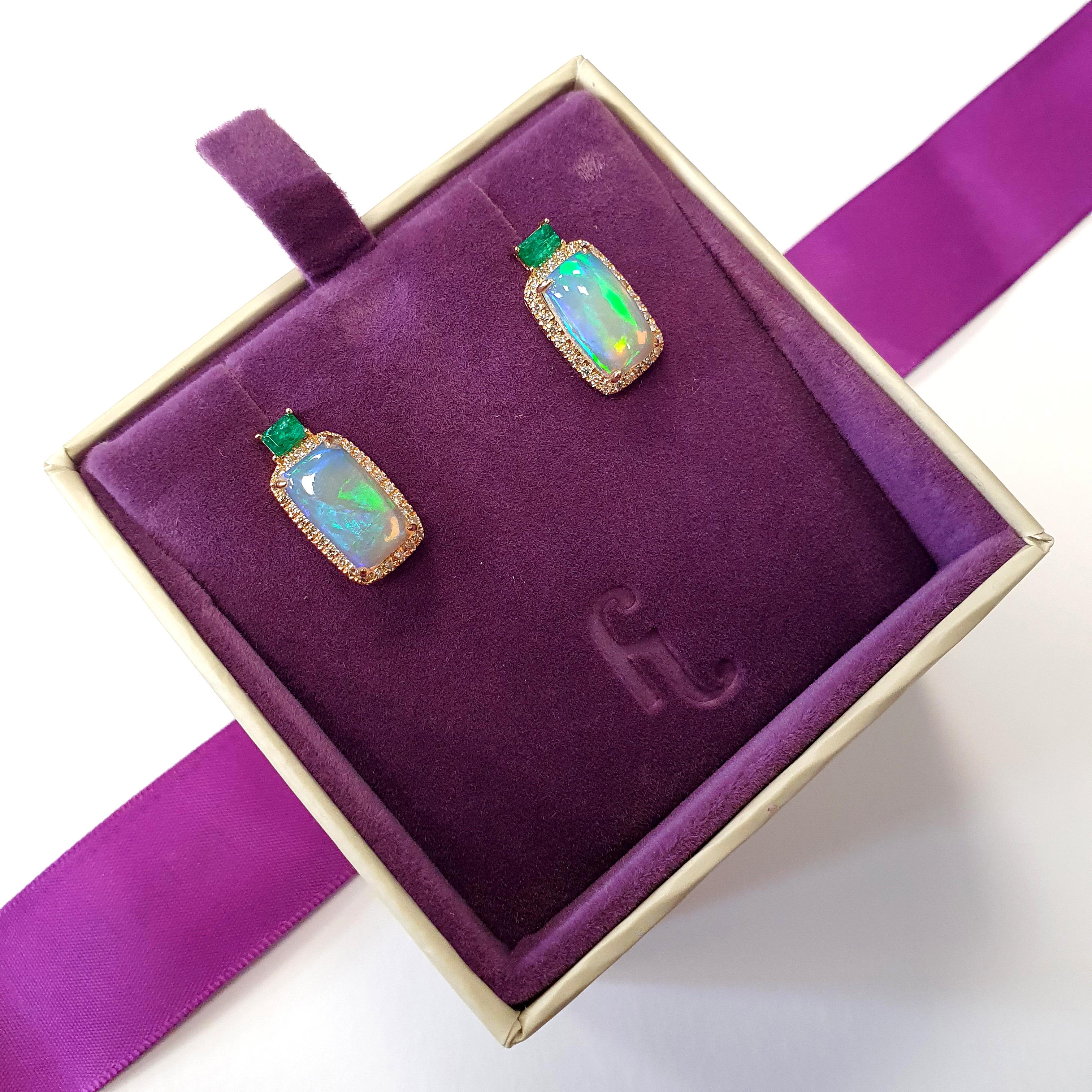 Women's Fei Liu 4.08ct Opal, Diamond and Emerald 14 Karat Yellow Gold Stud Earrings