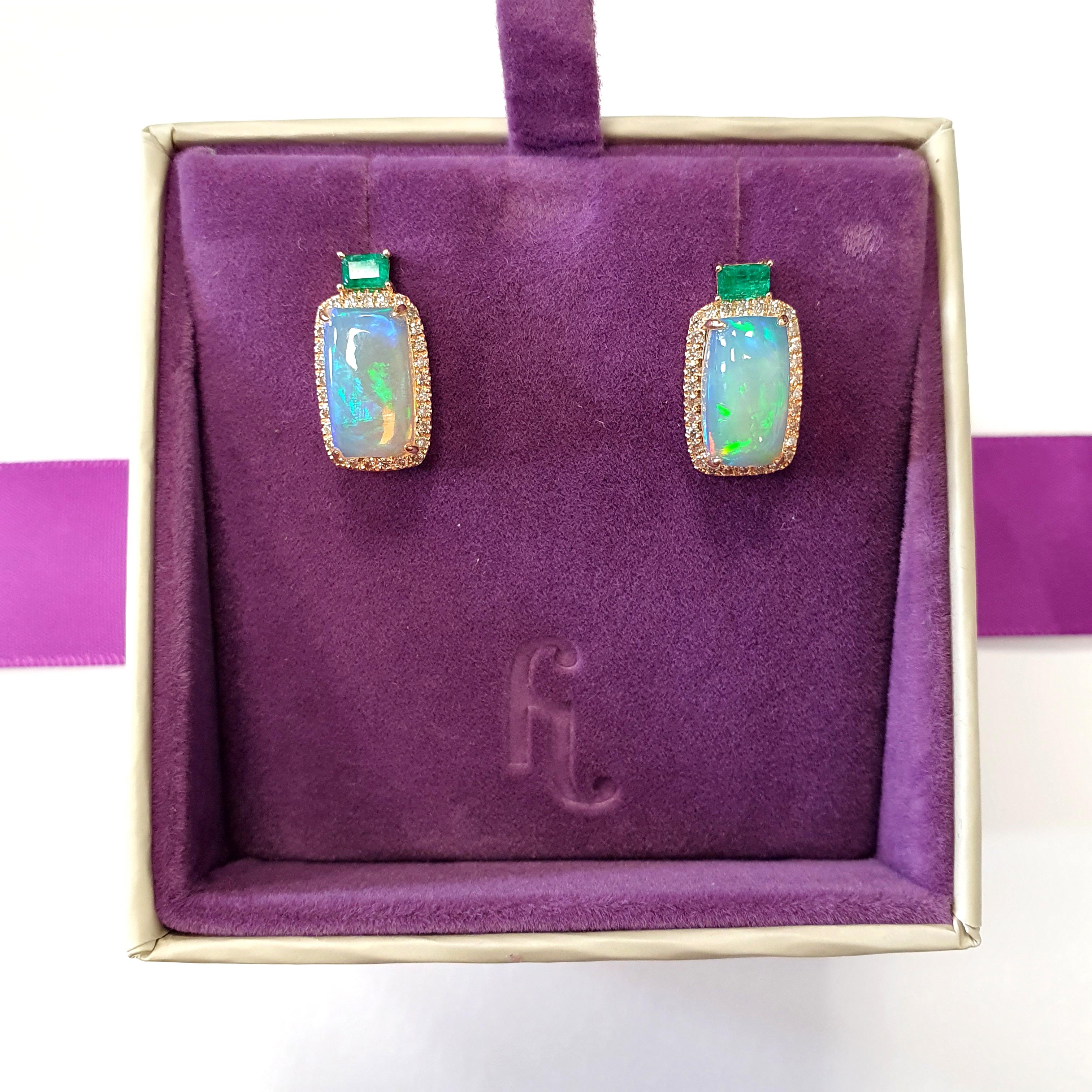 Fei Liu 4.08ct Opal, Diamond and Emerald 14 Karat Yellow Gold Stud Earrings 1