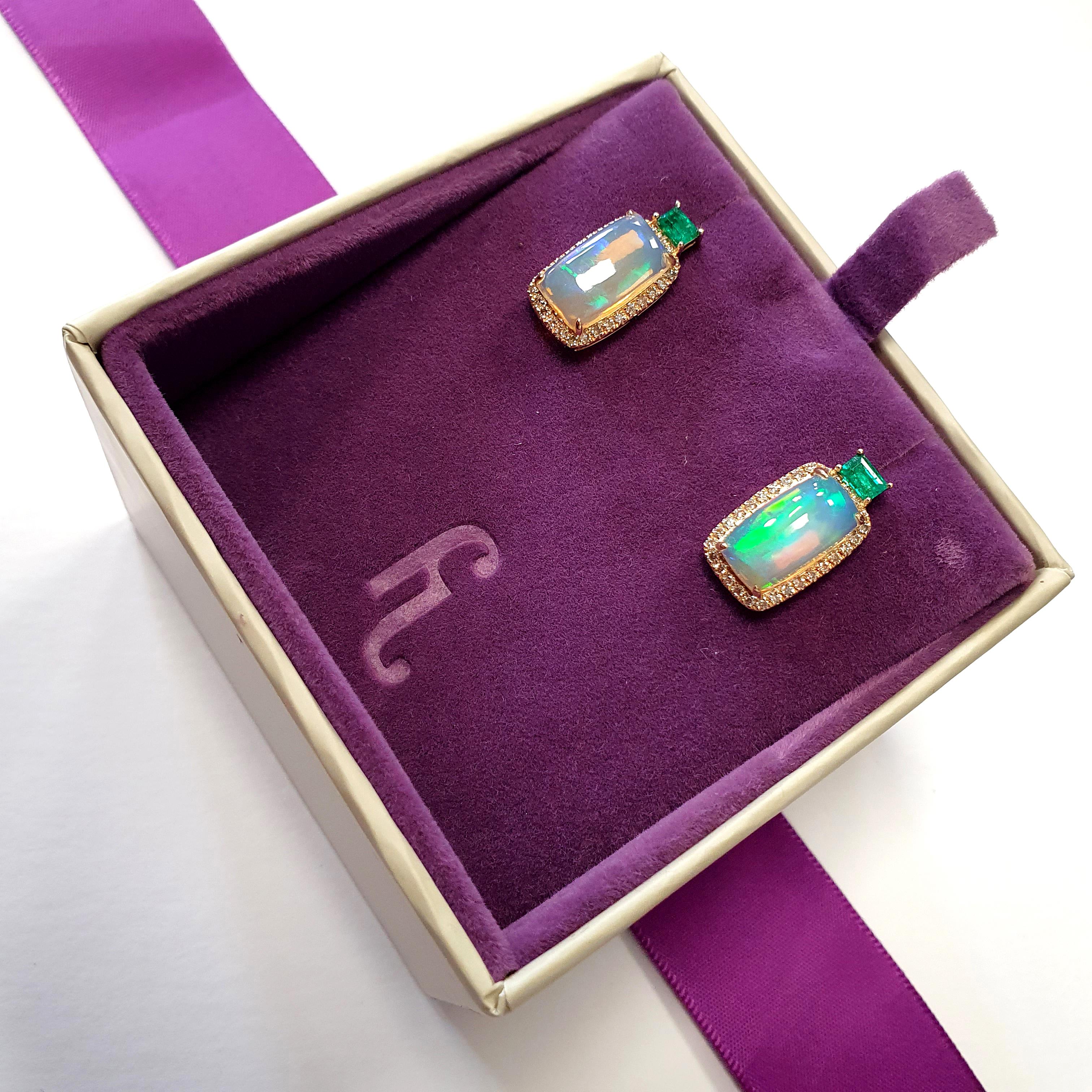 Fei Liu 4.08ct Opal, Diamond and Emerald 14 Karat Yellow Gold Stud Earrings 2