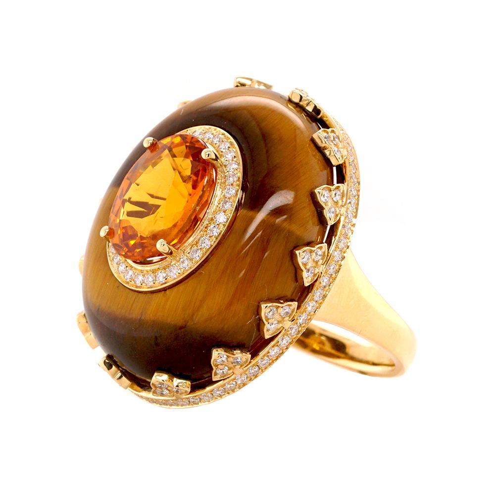 Oval Cut Fei Liu 4.36ct Citrine, Tiger's Eye and Diamond 18K Yellow Gold Cocktail Ring For Sale