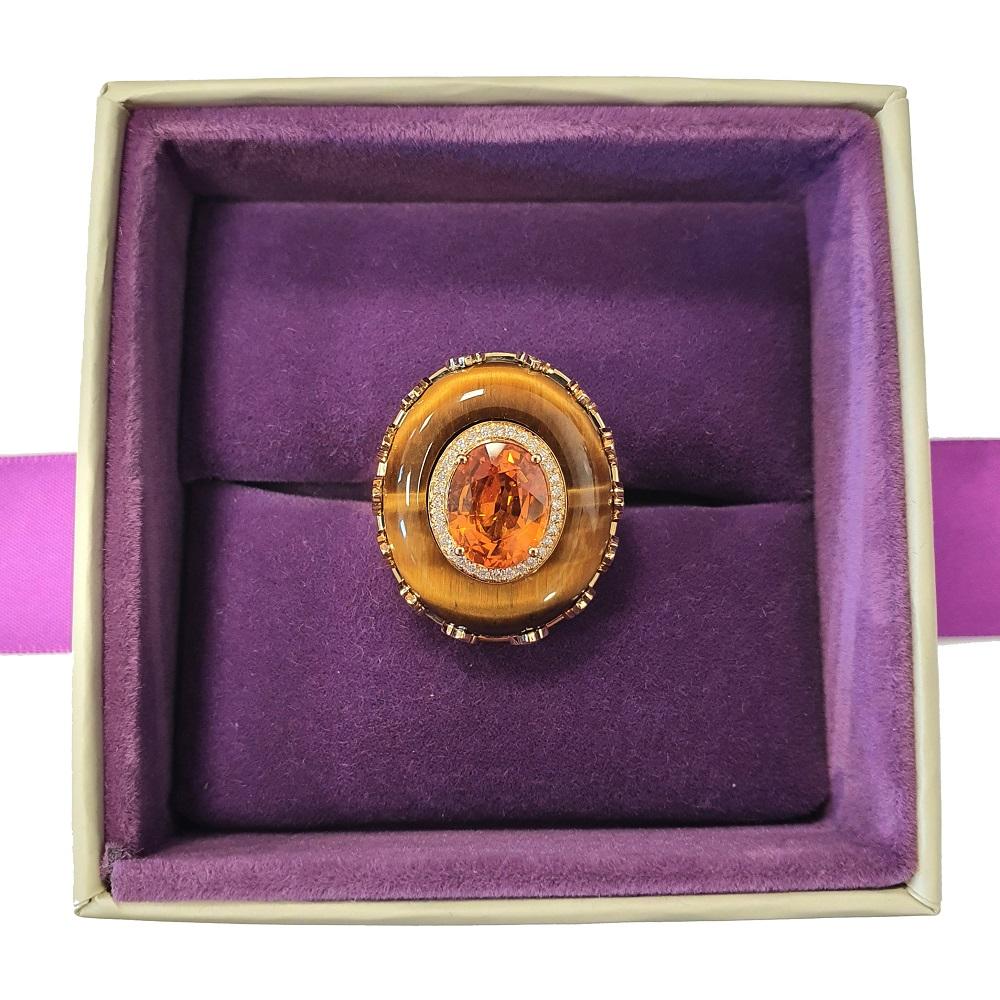 Fei Liu 4.36ct Citrine, Tiger's Eye and Diamond 18K Yellow Gold Cocktail Ring In New Condition For Sale In Birmingham, GB