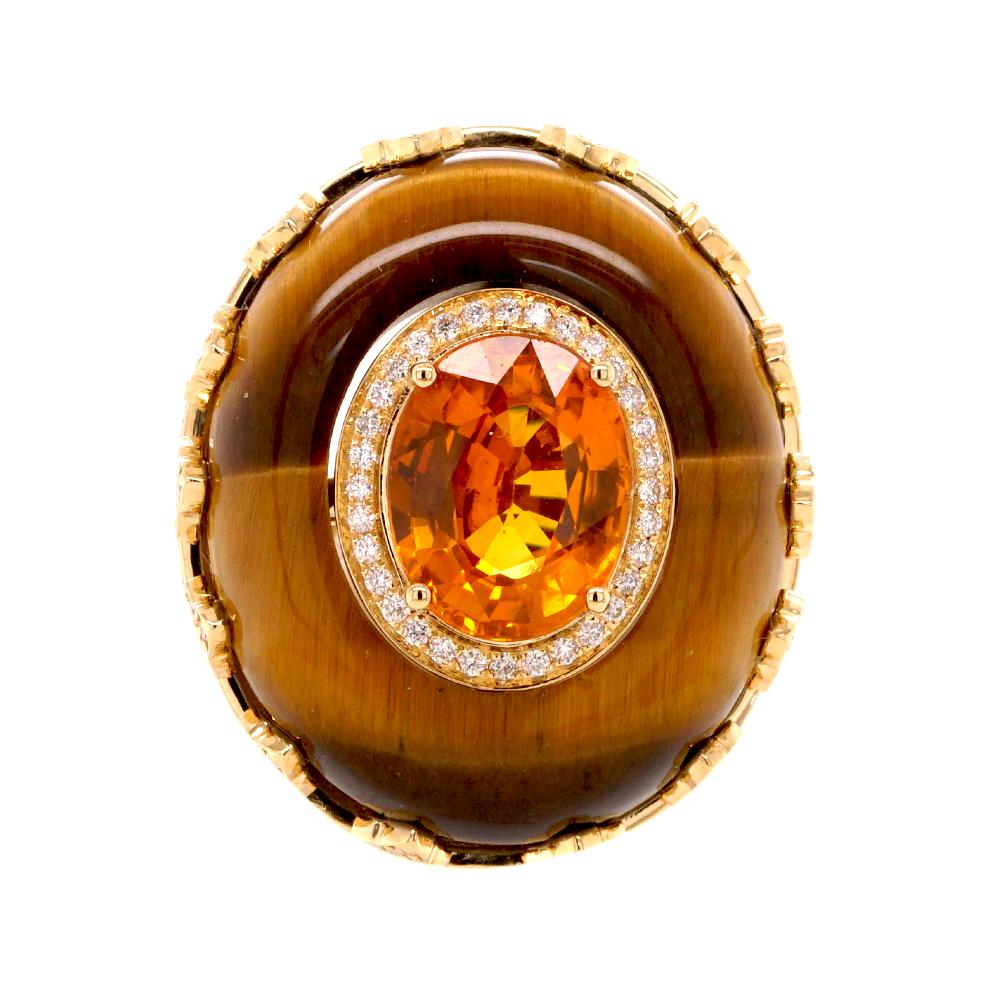 Fei Liu 4.36ct Citrine, Tiger's Eye and Diamond 18K Yellow Gold Cocktail Ring For Sale 2