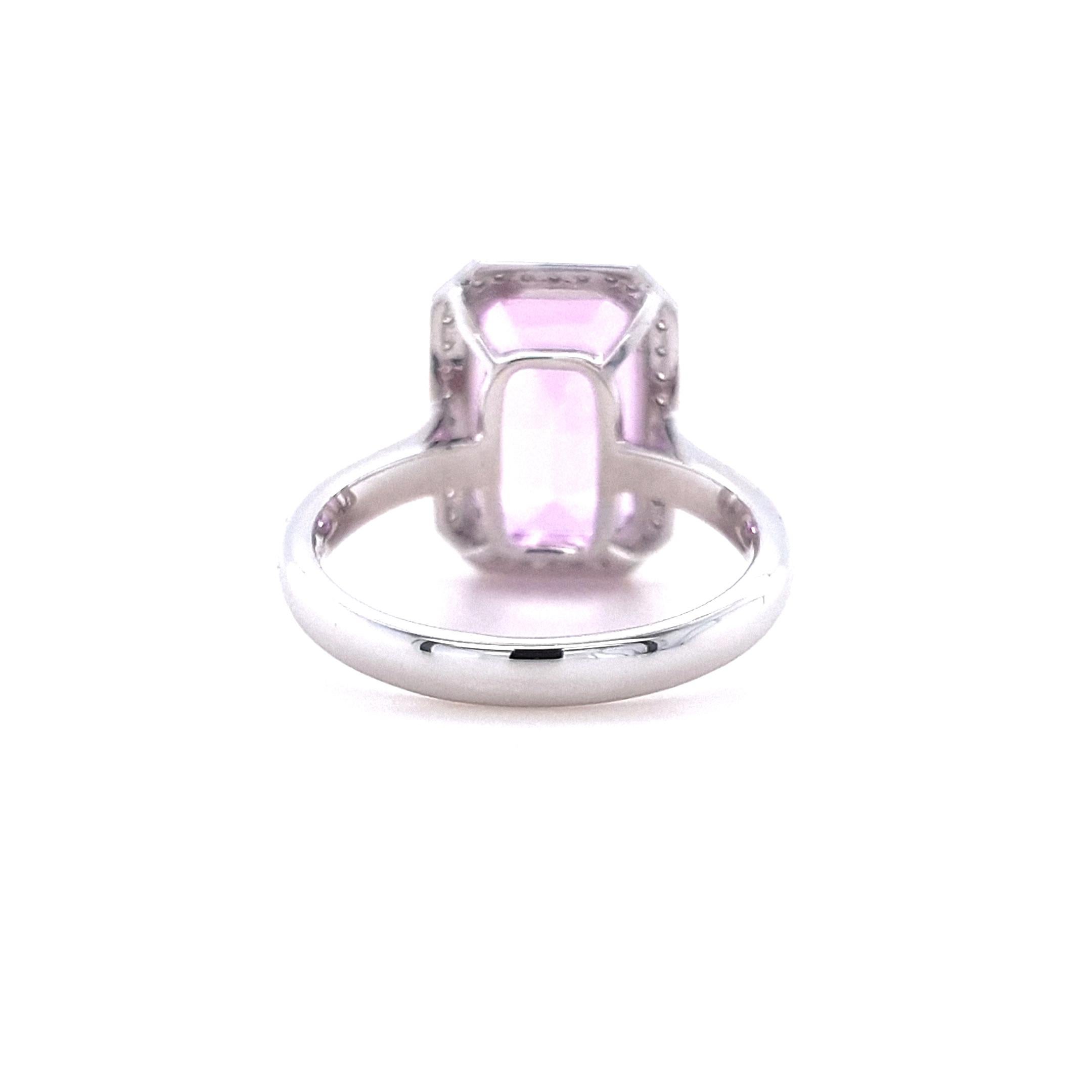 Emerald Cut Fei Liu 6.10ct Kunzite and Diamond Halo Platinum Solitaire Ring For Sale