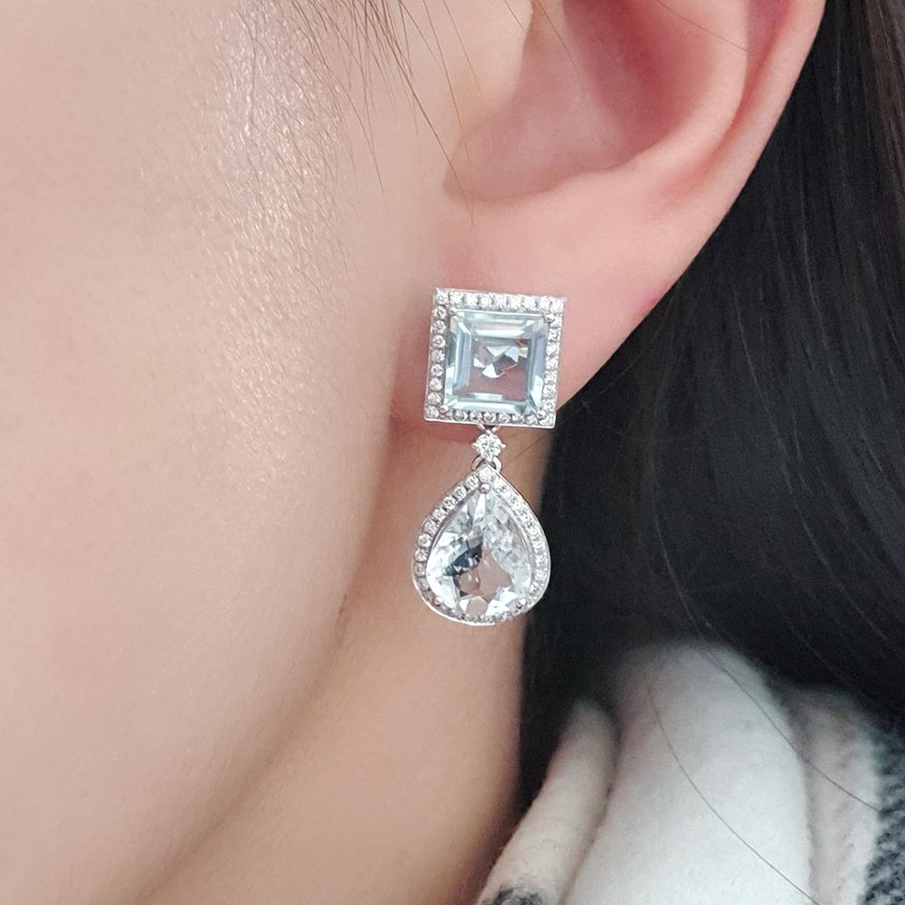 Mixed Cut Fei Liu 8.12ct Aquamarine and Diamond Platinum Drop Earrings For Sale