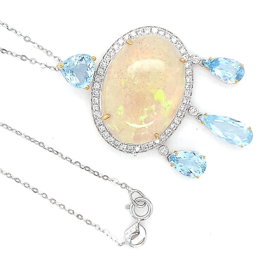 Contemporary Fei Liu 8.45ct Opal, Diamond Halo and Aquamarine 18 Karat Gold Pendant Necklace For Sale