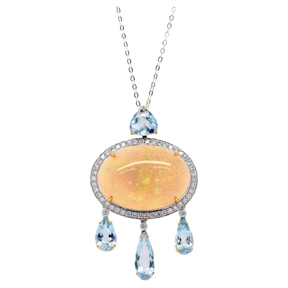 Fei Liu 8.45ct Opal, Diamond Halo and Aquamarine 18 Karat Gold Pendant Necklace