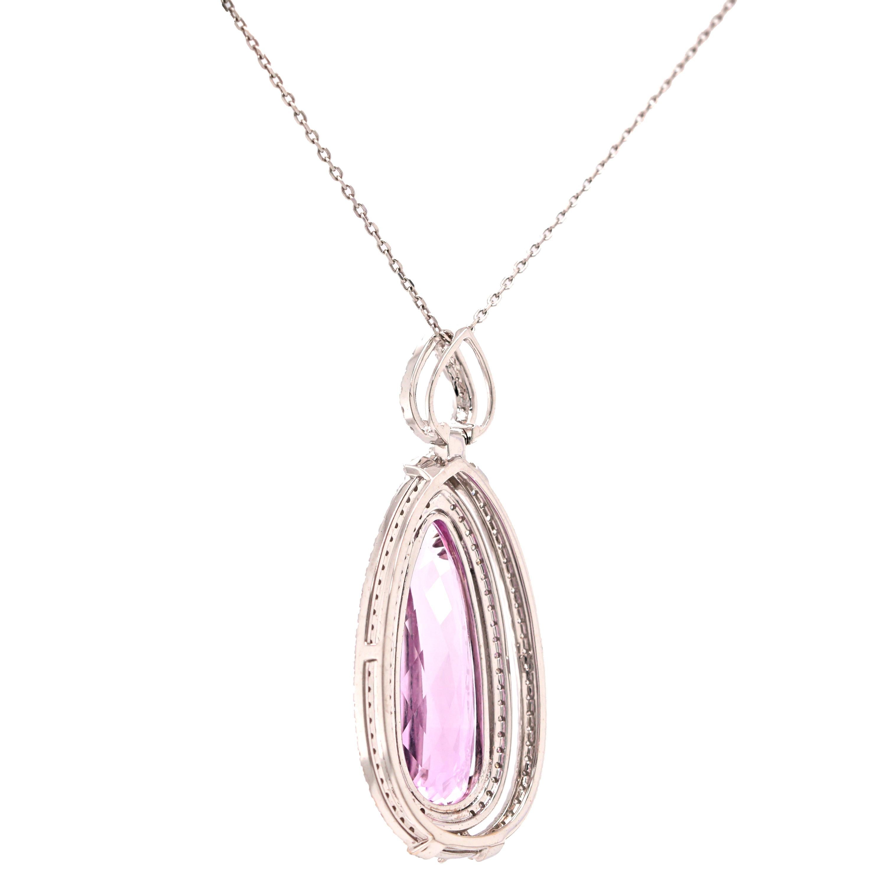 Description:
Pretty pink kunzite pendant totalling 8.85ct in weight, bordered by two diamond-set halos which suspend from a teardrop diamond-set bail.
- Weight: 7gm
- Size (HxW): 39 x 16 x 7mm
- Chain: 18ct white gold, 16 inches + 2-inch