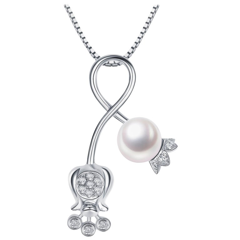 Fei Liu Diamond Pearl Pendant 9 Karat White Gold Pendant Necklace
