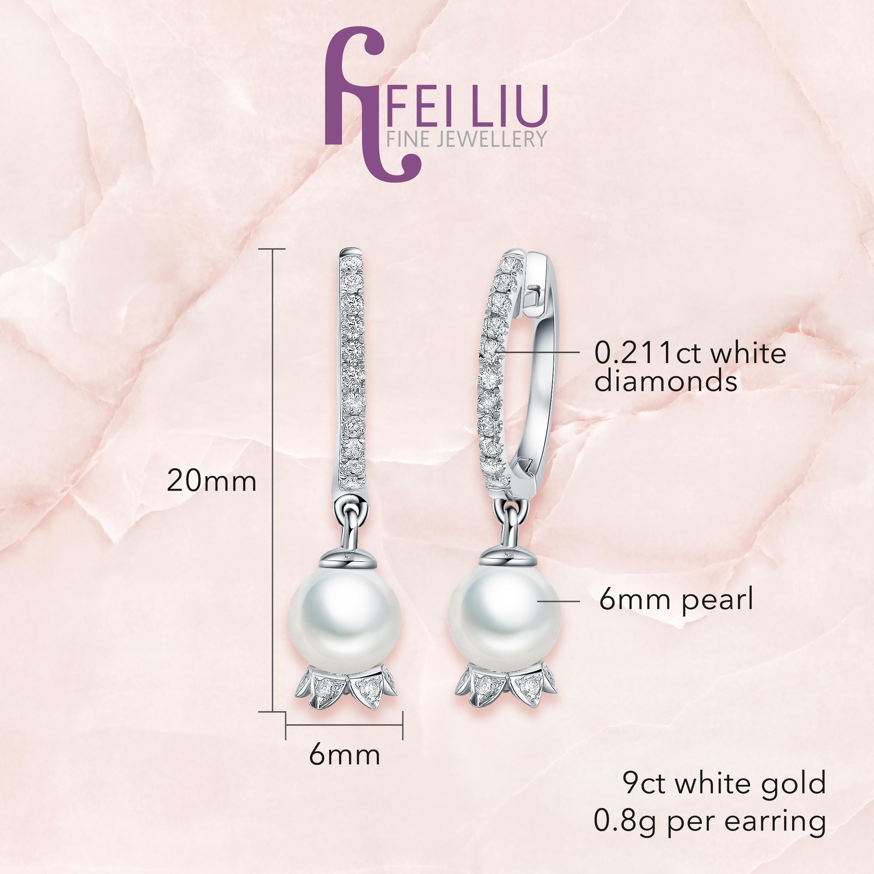 Brilliant Cut Fei Liu Pearl Diamond 9 Karat White Gold Hoop Earrings