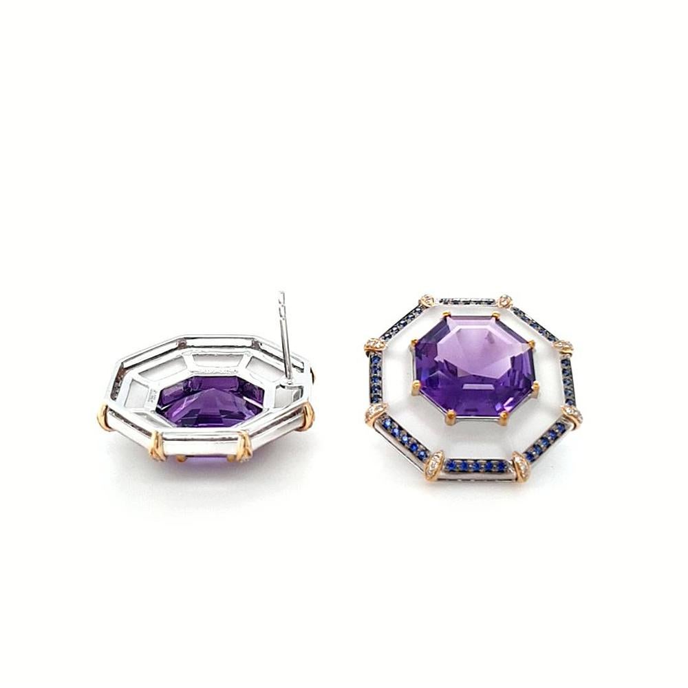 Contemporary Fei Liu 9.66ct Amethyst. Rock Crystal, Sapphire and Dia 18K Statement Earrings For Sale