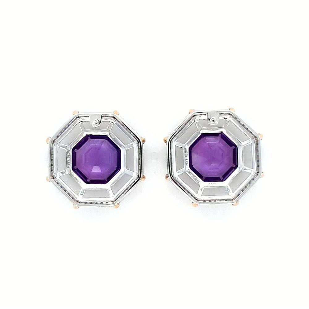 Octagon Cut Fei Liu 9.66ct Amethyst. Rock Crystal, Sapphire and Dia 18K Statement Earrings For Sale