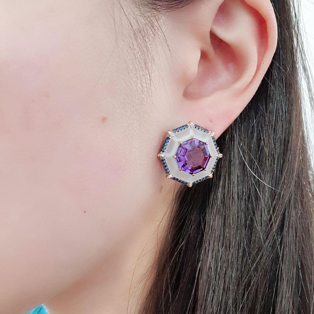 Fei Liu 9.66ct Amethyst. Rock Crystal, Sapphire and Dia 18K Statement Earrings In New Condition For Sale In Birmingham, GB