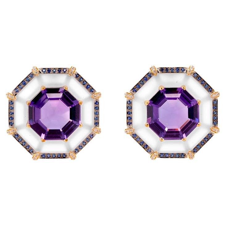 Fei Liu 9.66ct Amethyst. Rock Crystal, Sapphire and Dia 18K Statement Earrings For Sale