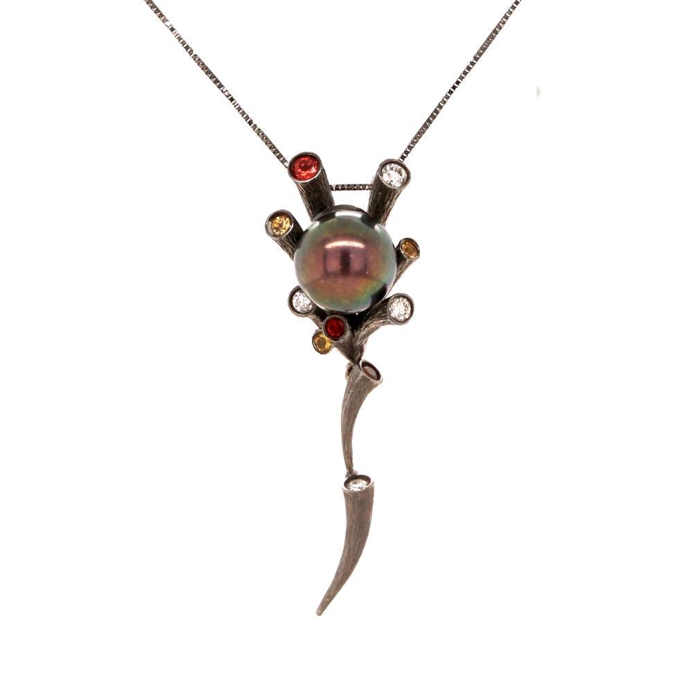 Fei Liu 9mm Peacock Pearl, Garnet, Citrine and Diamond 18K Textured Necklace