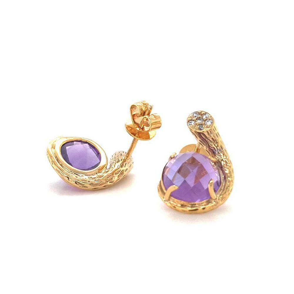 Contemporary Fei Liu Amethyst and Diamond 18 Karat Yellow Gold Textured Stud Earrings For Sale