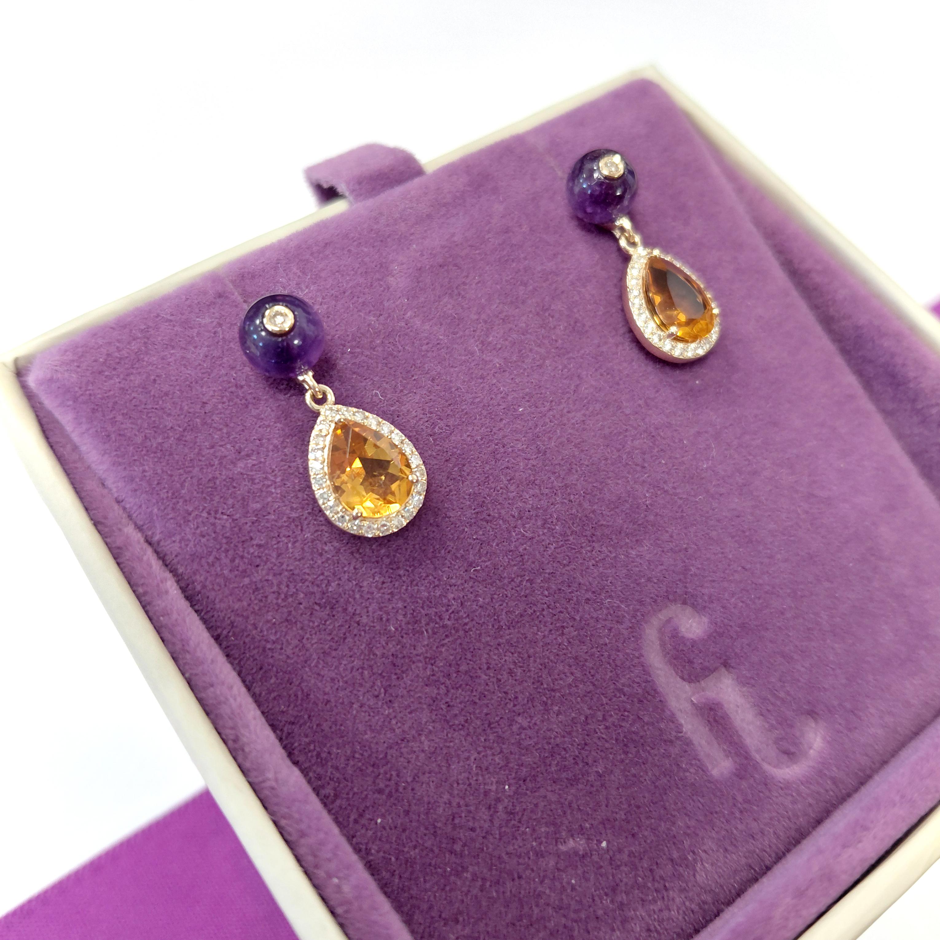 Taglio misto Orecchini Fei Liu con ametista, diamante e citrino in oro 14 carati in vendita