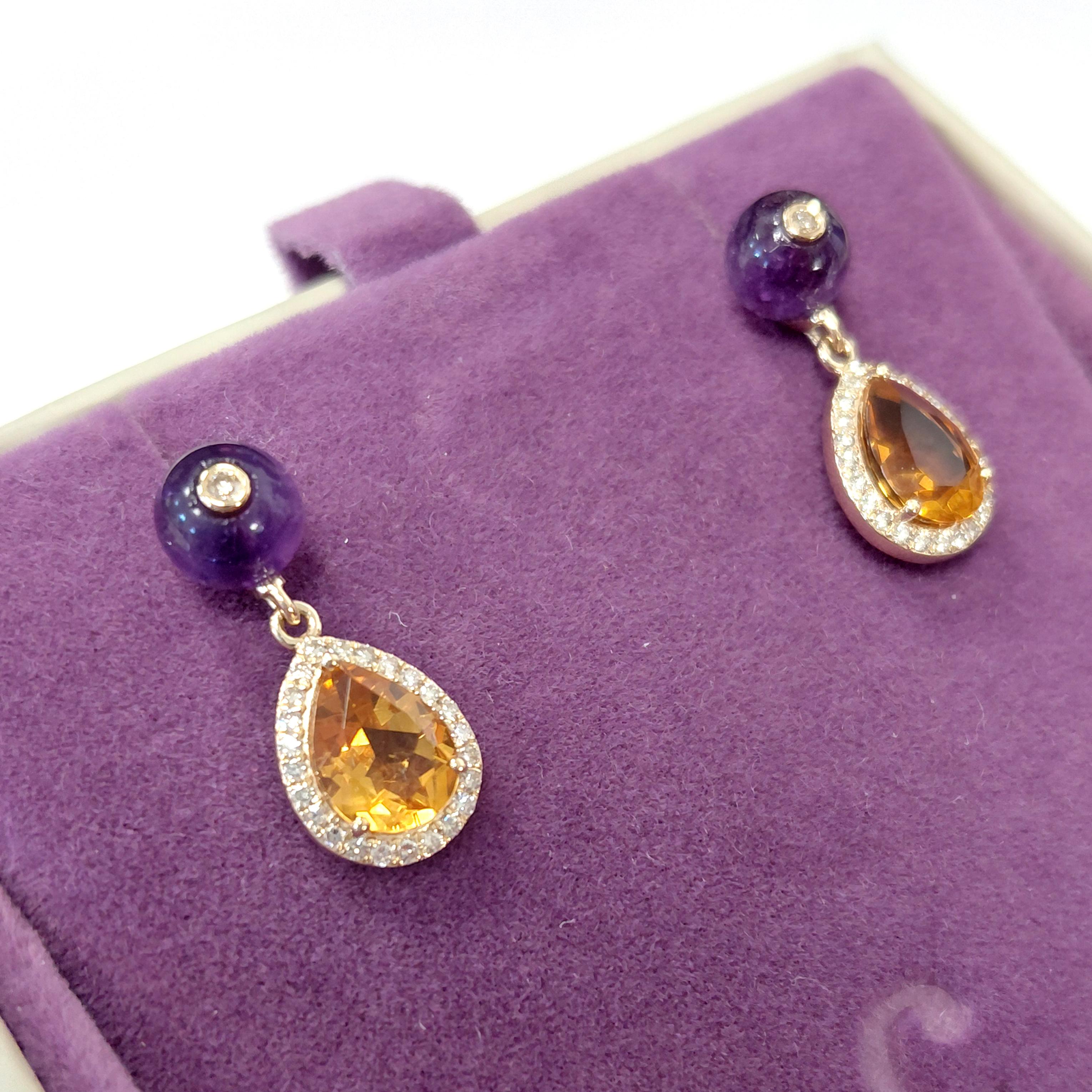Donna Orecchini Fei Liu con ametista, diamante e citrino in oro 14 carati in vendita