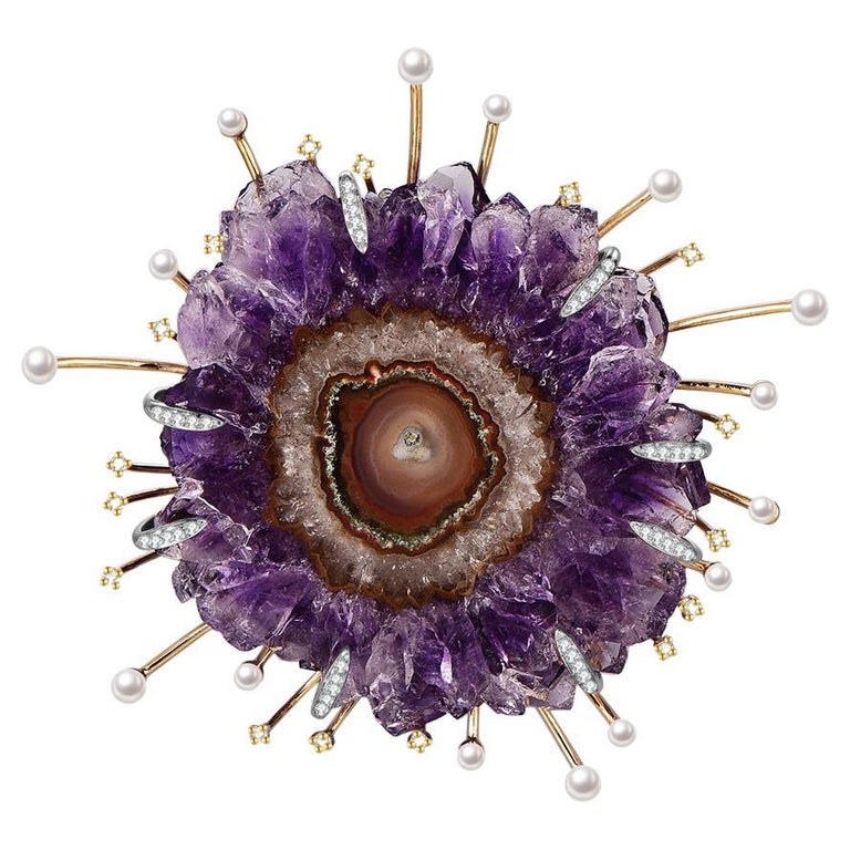 Broche Magnifique En Or 18 Carats Avec Améthyste - 10,20 Grammes - Bijou Vintage
