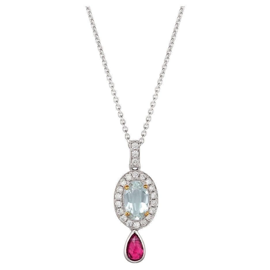 Fei Liu Aquamarine, Diamond and Ruby 18 Karat White Gold Mini Pendant Necklace