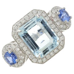 Fei Liu Aquamarine, Diamond Halo and Sapphire Platinum Three-Stone Ring