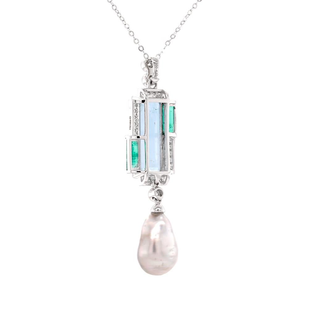 Contemporary Fei Liu Aquamarine, Emerald, Diamond and Pearl Platinum Pendant Necklace