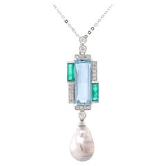 Fei Liu Aquamarine, Emerald, Diamond and Pearl Platinum Pendant Necklace
