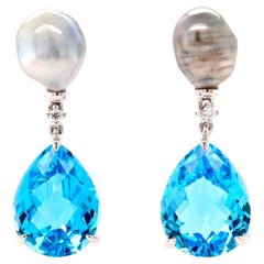 Fei Liu Asymmetric Pearl and Topaz Platinum Drop Earrings