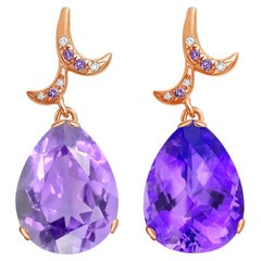 Pendientes de gota asimétricos de amatista talla pera y diamante de oro rosa de 18 quilates