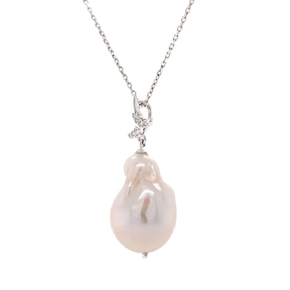 Contemporary Fei Liu Baroque Pearl and Diamond 18 Karat White Gold Filigree Pendant Necklace