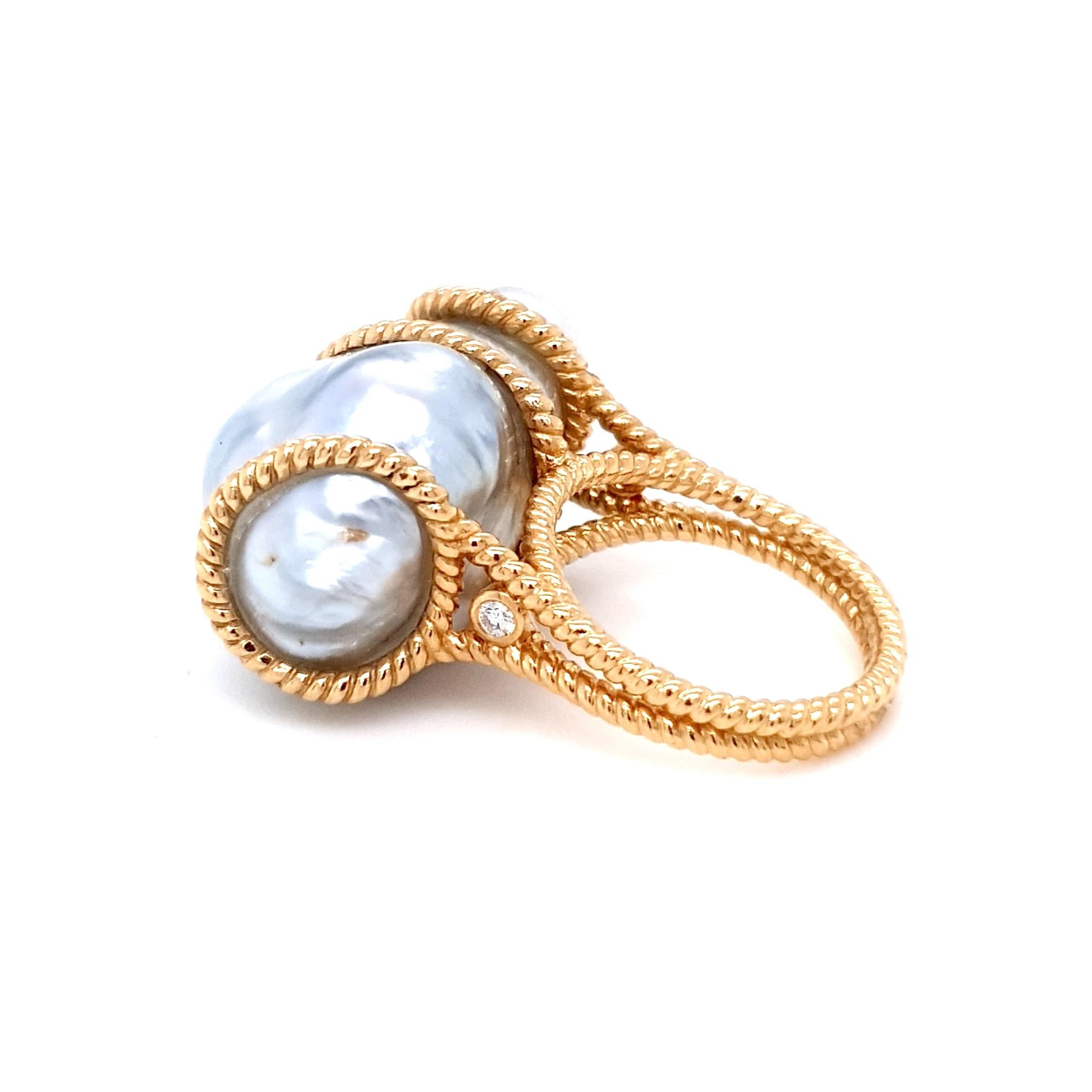 Contemporary Fei Liu Baroque Pearl and Diamond 18ct Yellow Gold Nautical Cocktail Ring For Sale