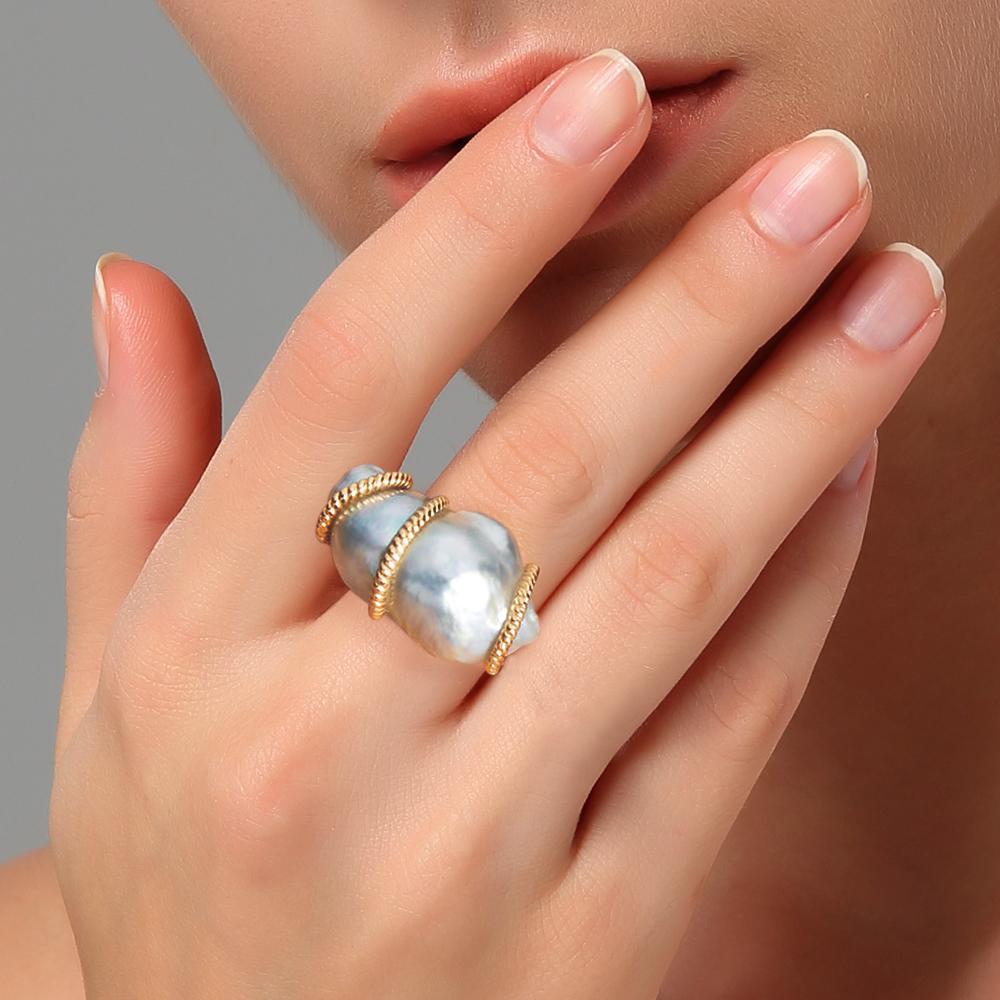 Mixed Cut Fei Liu Baroque Pearl and Diamond 18ct Yellow Gold Nautical Cocktail Ring For Sale